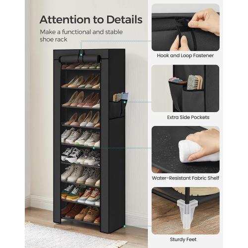 SONGMICS Shoe Rack with Non-Woven Fabric Cover, 9 Tier Storage Shelf for 27-35 Pairs of Shoes, Entryway, Suitable for Sneakers, High Heels, Flats, and Boots, Black URXJ10H