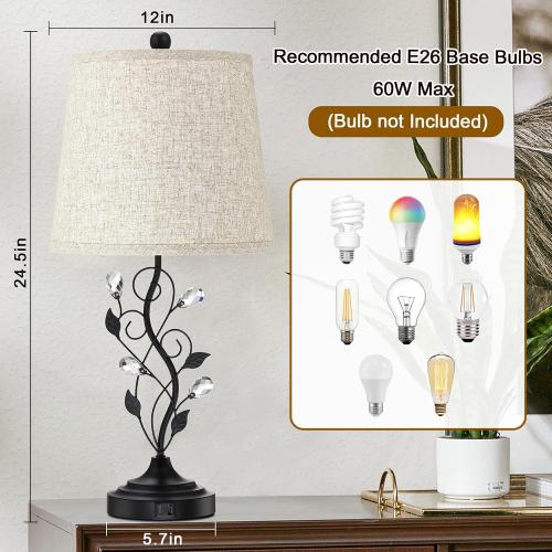 Sheetea 24.5in Farmhouse Table Lamps Set of 2, Rustic Bedroom Lamps with 2 USB Charging Ports, Cream Fabric Shade, Metal & Crystal Finish
