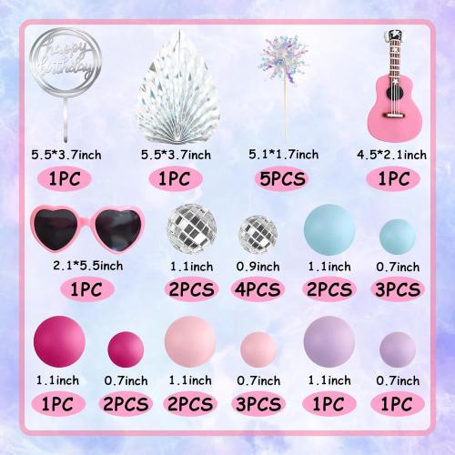 Guitar Cake Toppers Pink Blue Purple Ball Cake Toppers Silver Disco Mirror Ball Cake Decorations for Girl Guitar Musician Theme Party Kid Disco Music Birthday Supplies