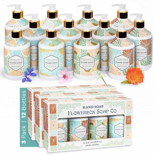 FlowerBox Liquid Hand Soap with Pump – Set of 12 Scented, Decorative Hand Soap Dispensers for Bathroom and Kitchen – 500 mL Luxury Floral Retro Bottles