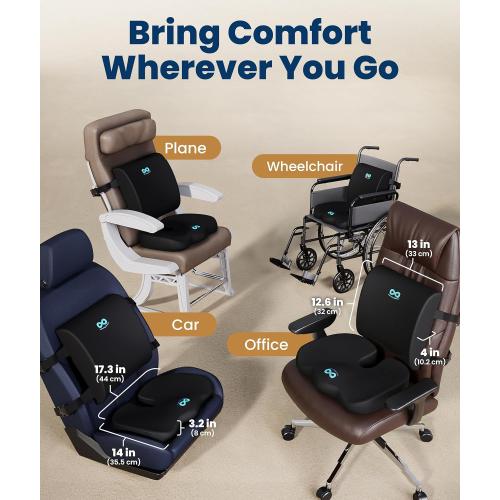 Everlasting Comfort Doctor Recommended Memory Foam Seat Cushion for Office Chairs & Car - Ergonomic Office Desk Accessories - Cushions for Tailbone Pain Relief, Sciatica (Black Airflow Lumbar, Large)