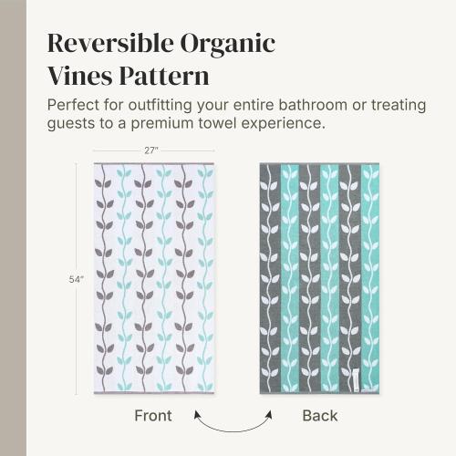 Modern Threads 6 Piece Bath Towel Set – Bathroom Set with 2 Bath Towels, 2 Hand Towels, and 2 Wash Cloths – 100% Cotton, Super Absorbent & Extra Soft – Reversible Natural Vine (Aqua)