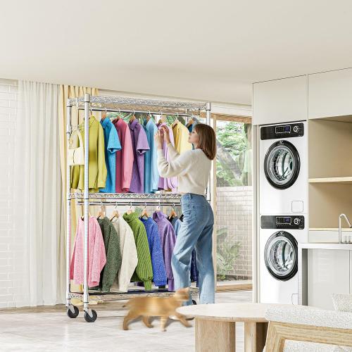 M MZG Heavy Duty Rolling Garment Rack 3 Tiers Adjustable Wire Shelving Clothes Rack with 2 Rods and Side Hooks,Storage Closet Clothing Rack with Wheels Chrome 15.7 D x 45.3 W x 79.6 H