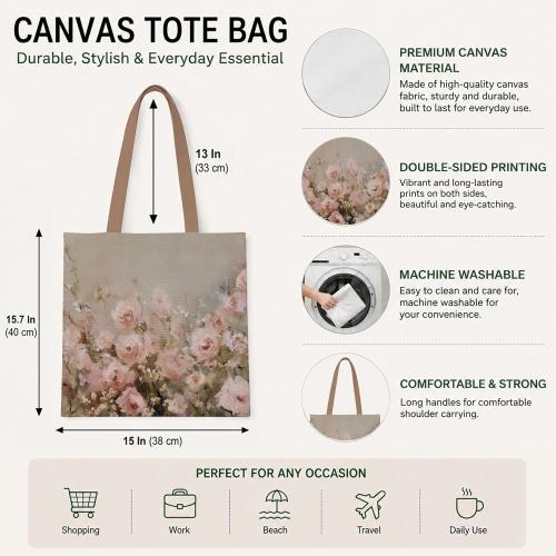 Vintage Pink Rose Floral Canvas Tote Bag, Cottagecore Botanical Wildflower Reusable Grocery Shopping Bag