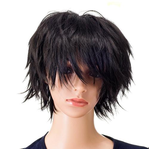 SWACC Unisex Fashion Spiky Layered Short Anime Cosplay Wig for Men and Women (1B-Off Black)