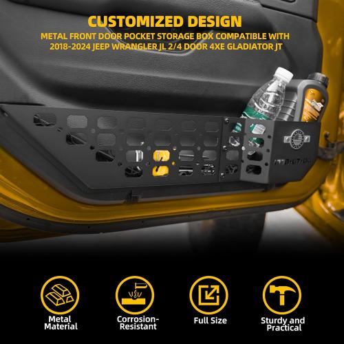 2Pcs Metal Front Door Storage Box for Jeep Wrangler JL JLU 4XE 2018-2024 & Gladiator JT 2020-2024 Interior Storage Expansion Front Door Storage Pockets Side Insert Organizer Accessories