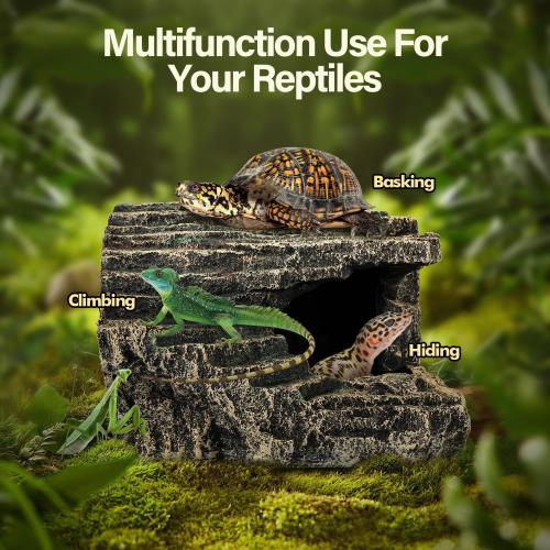Reptile Hide, Great for Geckos, Snakes, Bearded Dragons & Lizards. with Steps for Reptile Rock Climbing, It Doubles as Aquarium Rock Cave Corner Reptile Cave for Climbing Hiding. (Stone, A-XLarge)