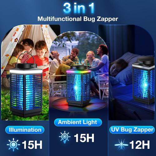 Black Bug Zapper Outdoor Cordless, 4200V Electric Mosquito Zapper with LED Blue Light, 3 in 1 Portable & Rechargeable Bug Zapper Outdoor Waterproof IP67, Wireless Hanging Fly Zapper for Camping Patio,Black