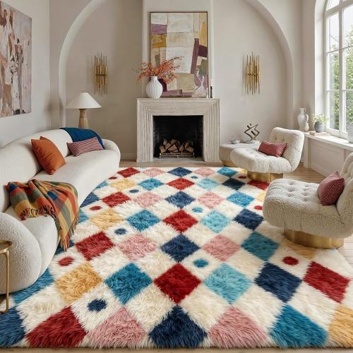 PureCozy Checkered Rug Fluffy Shag Living Room Colorful Area Rug Modern Washable Carpet Soft Shaggy Non Slip Indoor Plush Fuzzy Rugs for Bedroom Dorm Office Home Aesthetic Decor