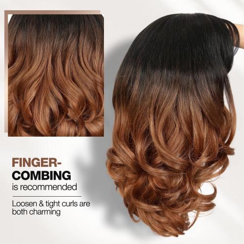WIGER Short Yaki Wigs with Bangs Ombre Brown Natural Curly Bob Wigs for Women Shoulder Length Wavy Synthetic Wigs Wear And Go Wig Glueless Heat Resistant Hair for Daily or Events
