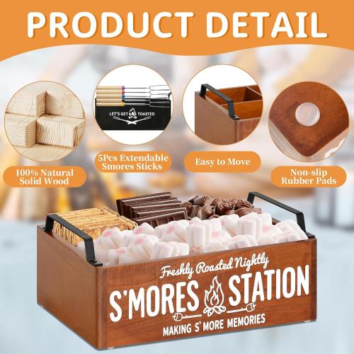 Farmhouse Smores Station, Wooden Smores Caddy with Handles, S'mores Bar Holder with 5Pcs Extendable Smores Sticks, Smores Maker Box for Smores Kit, Outdoor Fire Pit Camping Essentials Cooking (Brown)