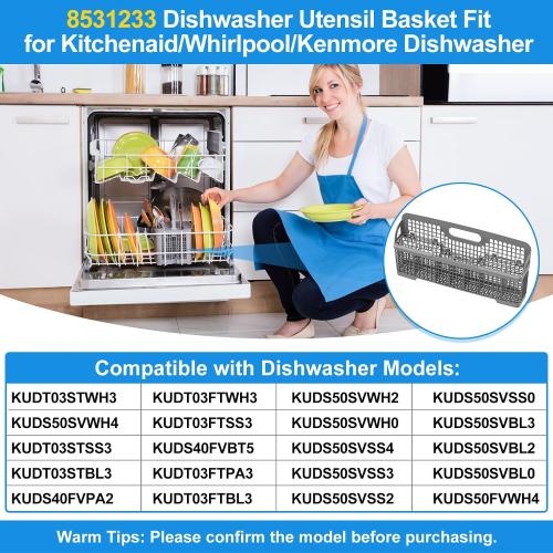 UPGRADED 8531233 WP8562043 Dishwasher Silverware Basket Replacement,Fits For Kitchenaid Kenmore Whirlpool Dishwasher Utensil Basket Parts KDFE104HPS0 KDTE334GPS0 Universal Dishwasher Cutlery Basket