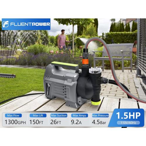 FLUENTPOWER 1.5HP Automatic Garden Booster Pump with Integrated Prefilter, 1300GPH, Lift 150FT, Portable Shallow Well Jet Pump, Water Transfer Draining Pump for Home Garden Lawn Sprinkler Irrigation