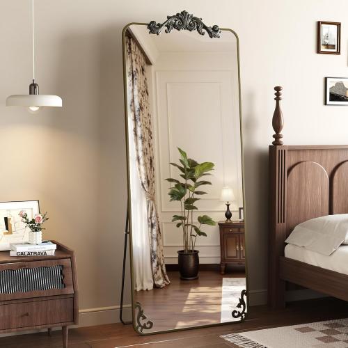 Full Length Mirror, 65x22 Floor Mirror Freestanding with Carved Metal Frame, Full Body Mirrors for Living Room, Standing, Hanging, Leaning Mount, Bronze, Luxury Style