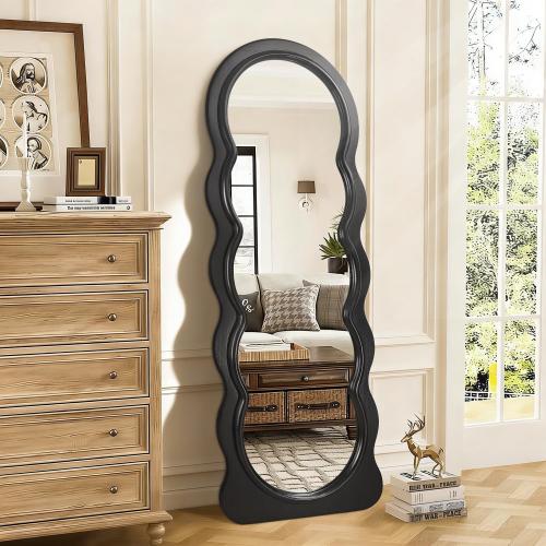 JJUUYOU Full Length Mirror Wavy Wood Framed Floor Mirror,Black Irregular Large Wall Mirrors 63x24 Decorative for Bedroom Living Room Entryway Bathroom Dressing Room Hanging