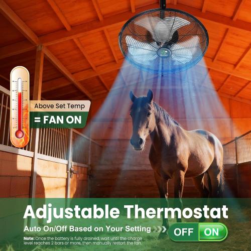 Solar Powered Fan for Outside Wall Mount with Smart Thermostat | 18 Heavy Duty Outdoor Fans with Battery, Waterproof, Metal Build, for Patios, Horse Stall, Chicken Coop, 3 Speeds, 180° Tilt