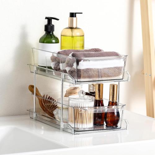 Color Clear Set of 2 Set, 2 Tier Clear Organizer with Dividers for Cabinet, Shlef, Counter - MultiUse Slide-Out Storage Container - Kitchen, Pantry, Medicine Cupboard Bins, Bathroom, Vanity Makeup, Under Sink Organizing