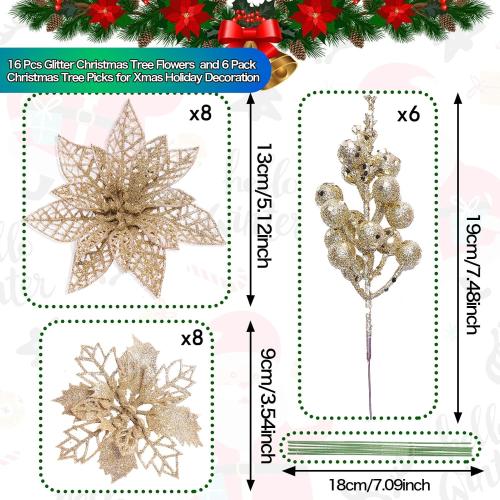 Zhuqing 22Pcs Christmas Poinsettia Artificial Flowers and Glitter Berries Stems Kit, 16Pcs Christmas Tree Flowers Ornaments and 6 Pack Christmas Tree Picks for Wedding Holiday Decorations (Champagne)