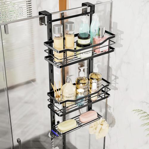 SWTYMIKI Over the Door Shower Caddy - 3 Tier Adjustable Shower Organizer Hanging with Soap Holder, No Drilling Stainless Steel Bathroom Rack Hanging for Body Wash, Shampoo, Soap, Razor, Black