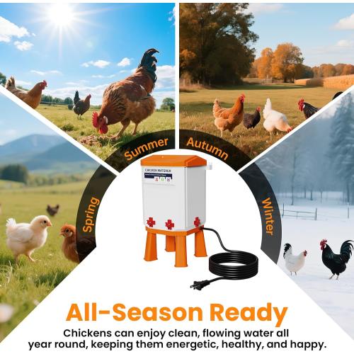 Heated Chicken Waterer 3.2 Gallon, Chicken Water Heater for Winter, Freeze Proof Chicken Waterer, 4 Nipples for Clean Water，Detachable Legs, Adjustable Height for Chickens, Pigeons, Beaked Poultry