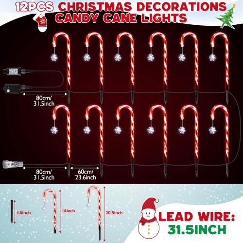 Hiboom 12 Pcs Christmas Candy Cane Light with 4 Christmas Theme Music, 20'' Pathway Markers Lights with Stakes Holiday Driveway Light for Xmas Holiday Party Walkway Garden Decor(Red, White)