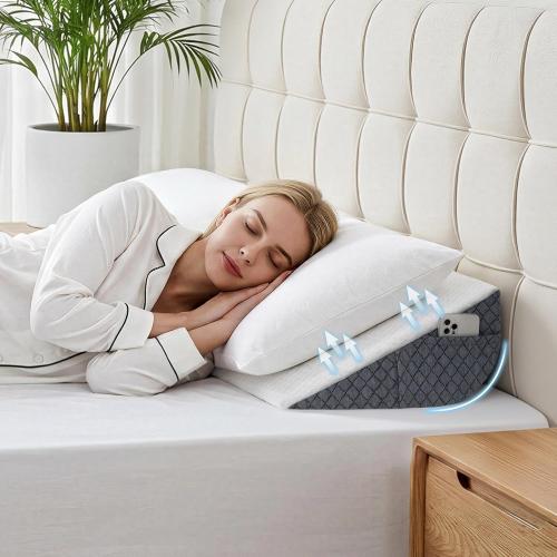 HABUTWAY Twin Size Bed Wedge Pillow for Headboard, Mattress Gap Filler for 0-8 Gap, High-Density Foam with Grip Dots & Side Pockets, Headboard Wedge Pillow (White)