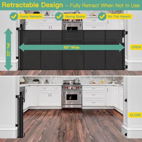 Reinforced 60 Wide Retractable Baby Gates with Upgraded Rods - Bottom Anti-Escape, 5 ft Mesh Baby Gate Retractable Dog Gate Indoor Pet Gate Retractable Stair Gate Outdoor Retractable Gate, Black
