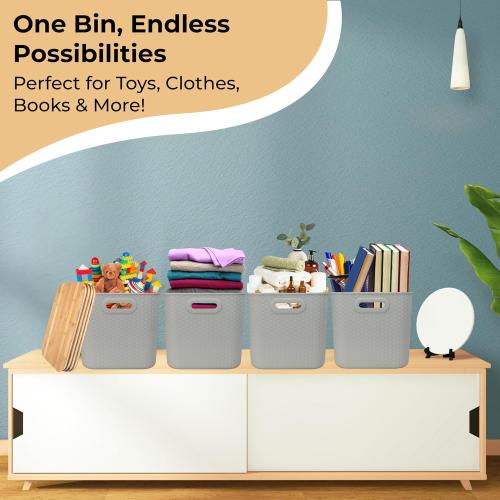 Set of 4 Color Cream Storage Bins with Bamboo Lid – Stackable, Multi-Purpose Organizers for Pantry, Closet, Kitchen, and Home – Elegant Wicker-Style Design with Ergonomic Handles (Cream)