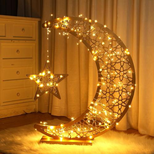 Tujoe Ramadan Crescent Moon Wooden Moon Decorations Lights for Home Eid Mubarak Star Crescent Eid Crafts Light Stand Mubarak Table Centerpiece with Star Ornament for Home Islamic Gift(20 x 17 Inch)