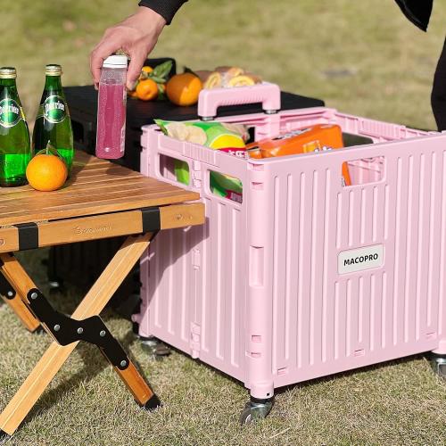 MACOPRO Folding Utility Cart Portable Rolling Crate Handcart Shopping Trolley Collapsible Tool Box, with Lid, Basket on 4 Rotate Wheels, for Grocery, Shopping, Office, Teacher (Pink)