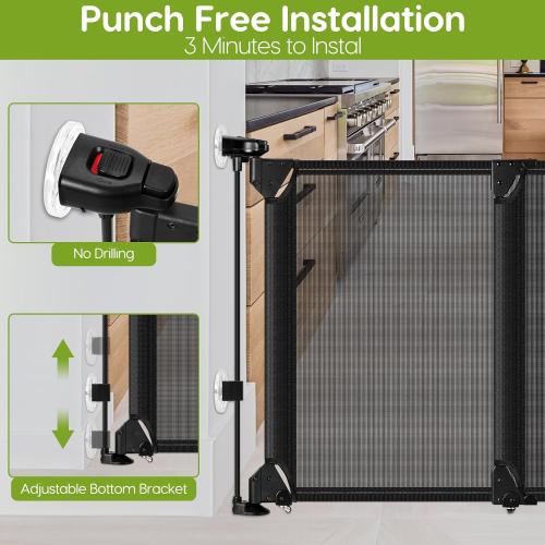 No Drill Baby Gate for Stairs No Bottom Bar, 34-55” Punch Free Dog Gate with Large Walk Thru Door, Mesh Dog Gate for The House, Swing & Dual Openings, No Drilling Pet Gates for Doorways, Black