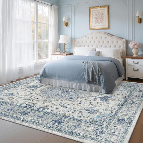 Area Rugs 8'x10' Washable Non-Slip, Floral Vintage Distress Print Pattern Medallion Carpet for Living Room Bedroom Dining Room, Light Blue Navy Beige Gray White