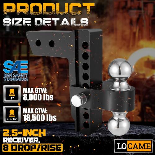 LOCAME Adjustable Trailer Hitch, Fits 2.5-Inch Receiver Only, 8-Inch Drop Aluminum Drop Hitch,18,500 LBS GTW-Tow Hitch for Heavy Duty Truck with Double Stainless Steel Locks, Black, LC0019