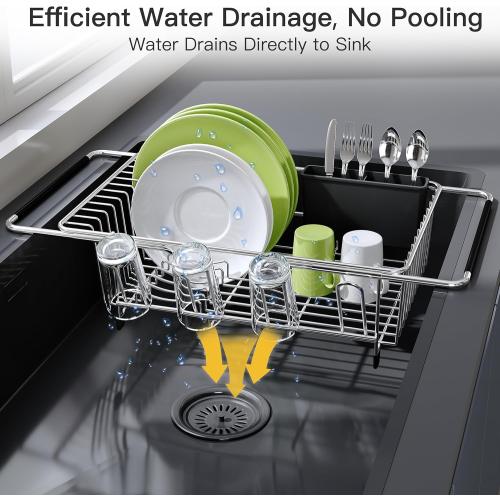 JASIWAY Dish Drying Rack in Sink, Expandable Stainless Steel Dish Drainers for Kitchen Counter, Dish Dryer Rack for Inside Sink, Over The Sink Dish Racks with Utensil Holder, Silver