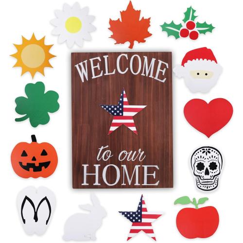 Holiday Welcome Sign for Front Door by Onyx Haus, Easter, Spring Housewarming Gift- Large, Interchangeable Decorations w/ 14 Unique Seasonal Pieces 11x15