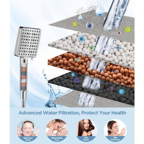 MakeFit Filtered Shower Head - 6 Modes High Pressure Handheld Shower Head with Filter Mineral Beads, Detachable Handheld Showerhead Set with Stainless Steel Hose and Shower Arm Bracket