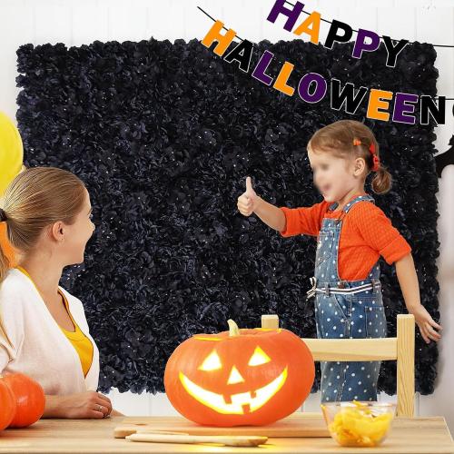 Black Silk Rose Flower Panels Wall, 12 Pcs Artificial Flowers Decoration for Welcome Table, Party, Anniversary, Church Wall, Stage Background, 25x25cm