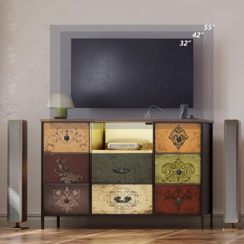 VASICAR Pattern Dresser with LED Lights and Power Outlets, Dresser TV Stand with 8 Drawers for 55 TV, Fabric Chest of Drawers for Bedroom, Living Room, Entryway