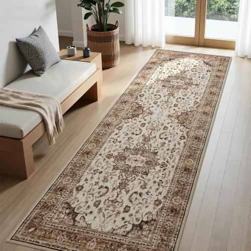 Joydeco Washable 2x6 Hallway Runner Vintage, Beige & Blue & Reddish-Brown