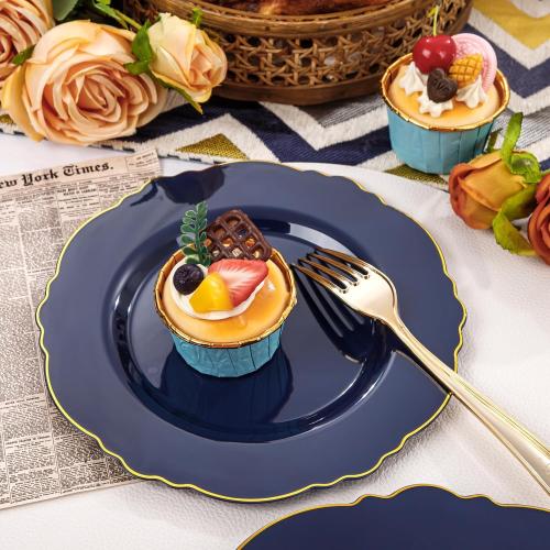 WDF 100pcs Blue Plastic Plates - Baroque Blue&Gold Disposable Plates for Parties/Wedding-50Plastic Dinner Plates 10.25in, 50Salad Plates 7.5in for Party/Birthday/Wedding/Passover