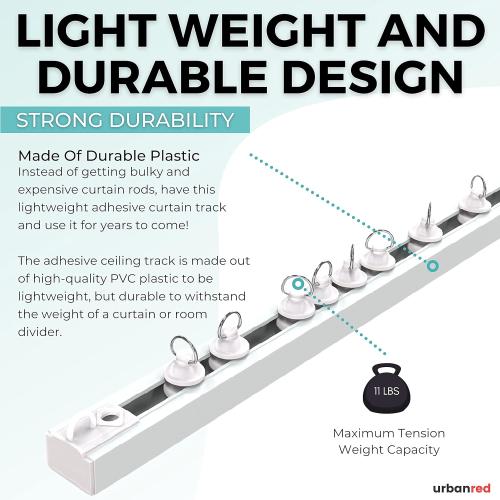 UrbanRed Self Adhesive Ceiling Curtain Track Ceiling Mount, Track for Curtains 9.8FT (3m) for Smooth Wall - No Drill, Screws, Adhesive Curtain Rod (Non-Flexible)