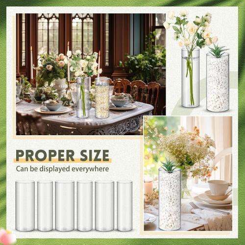 Nuogo 6 Pcs 10 Inch Plastic Clear Cylinder Vase for Home Acrylic Flower Clear Vase Centerpiece for Centerpieces Wedding Party Decorations Opening Round