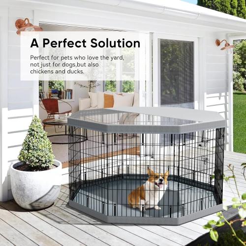 PJYuCien Dog Playpen, 8 Panels 36”H Dog Playpen Indoor with Grey Bottom Pad and Top Cover, Metal Foldable Dog Pen for Indoor Use, Better for Small Medium Animals, Grey