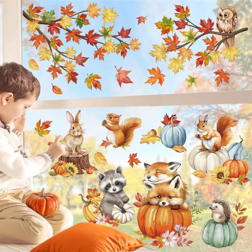 wondever Fall Woodland Animals Window Clings Decals Pumpkin Glass Sticker | Thanksgiving Vinyl Static Cling, Anti Collision, Double-Sided, Reusable Removable, Easy to Apply, for Window Glass Door Home