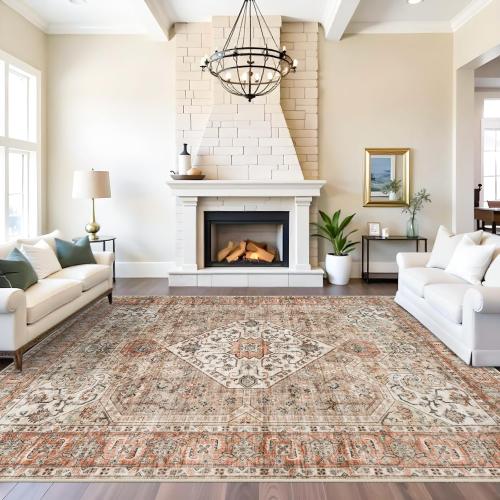 Washable 9x12 Large Area Rug: Vintage Non-Slip Backing Rugs for Living Room Stain Resistant Bedroom Carpet Soft Medallion Farmhouse Floor Mat for Dining Room Home Office 9x12 Brown/Orange