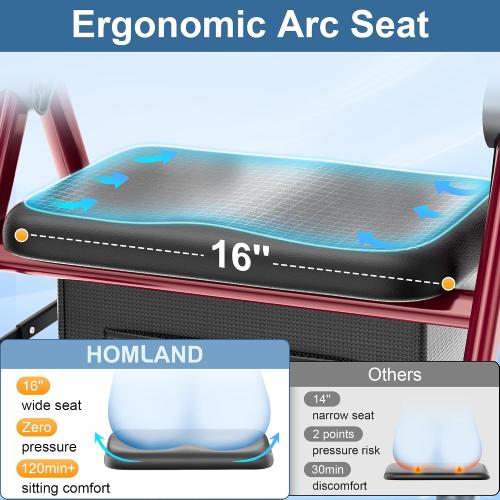 HOMLAND Rollator Walker for Seniors with Seat, Foldable Lightweight Aluminum Rolling Walker with 8 All-Terrain Wheels, Adjustable Height, Storage Bag & Hand Brakes, Ergonomic Indoor Outdoor Aid