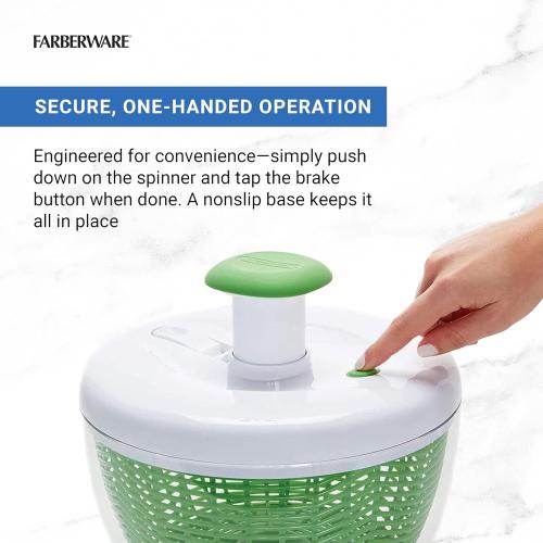 Farberware Easy to use pro Pump Spinner with Bowl, Colander and Built in draining System for Fresh, Crisp, Clean Salad and Produce,  Green