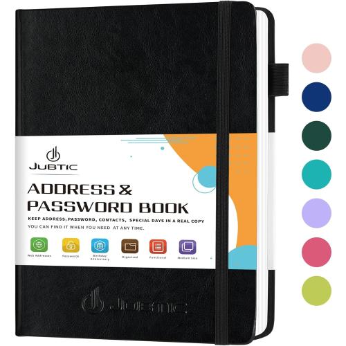 JUBTIC Address book with Alphabetical Tabs, Hardcover Password Keeper and Telephone Book Address Organizer Record Contacts, Internet Login Address Log book Journal Notebook for Home or Office-Black