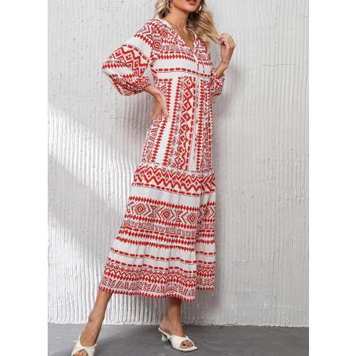 Size M...Dokotoo Women Boho Maxi Dresses 2026 V Neck Long Puff Sleeve Smocked Ruffle Flowy Casual Dress