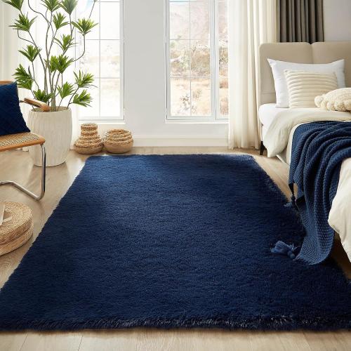 Area Rug Living Room Rugs, Dark Blue, Ultra Soft Fluffy Furry Carpet for Bedroom, Non-Slip Indoor Floor Carpets for Kids Boys Girls Dorm, Nursery, Home Decor Aesthetic